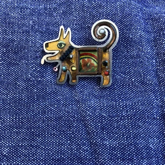 Seeka Dog Pin Art Deco Beaded Jewels Brooch Style Puppy Flowers Yellow Tone - Picture 9 of 12